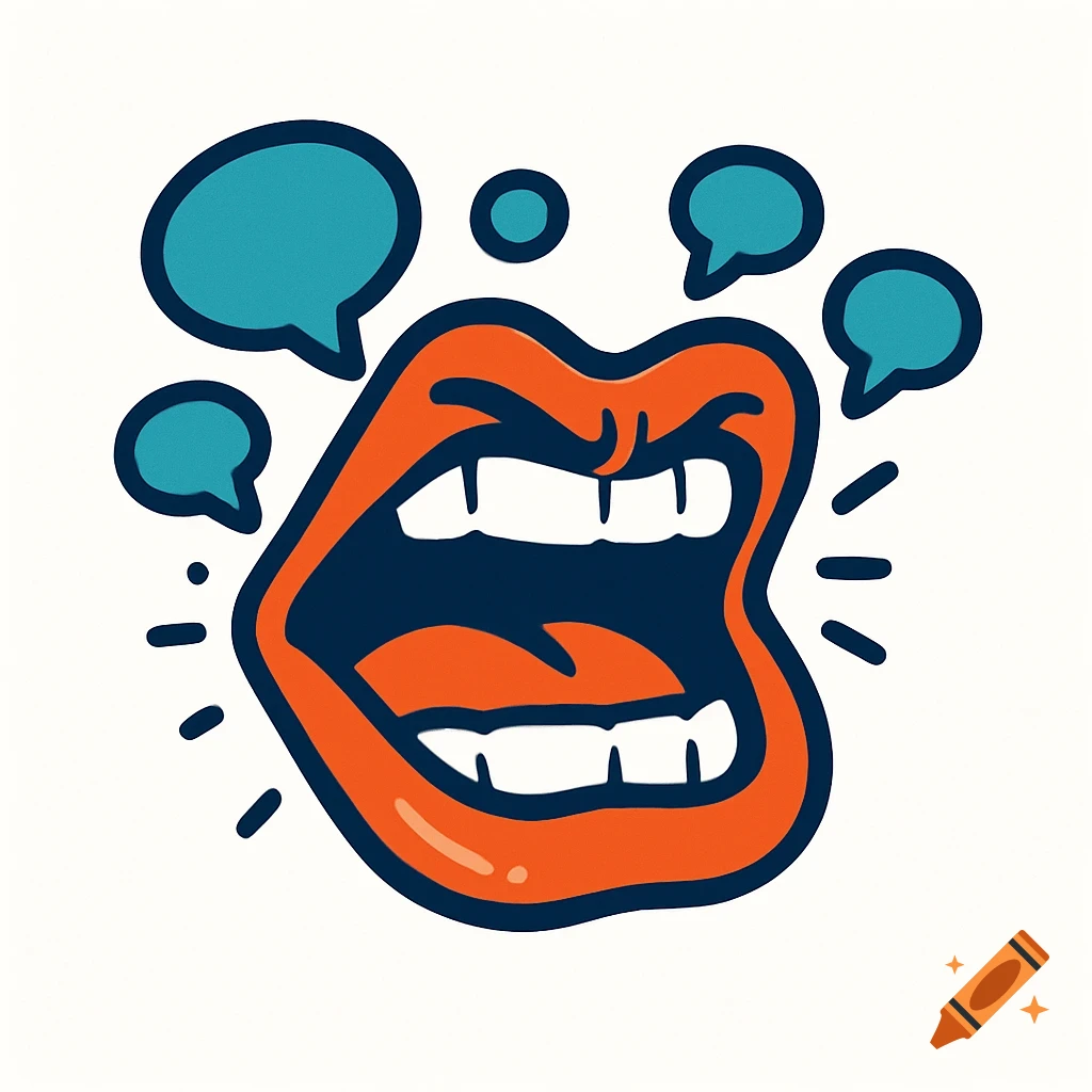 A stylized logo featuring an angry, shouting mouth with bared teeth in orange and dark blue, surrounded by empty turquoise speech bubbles.