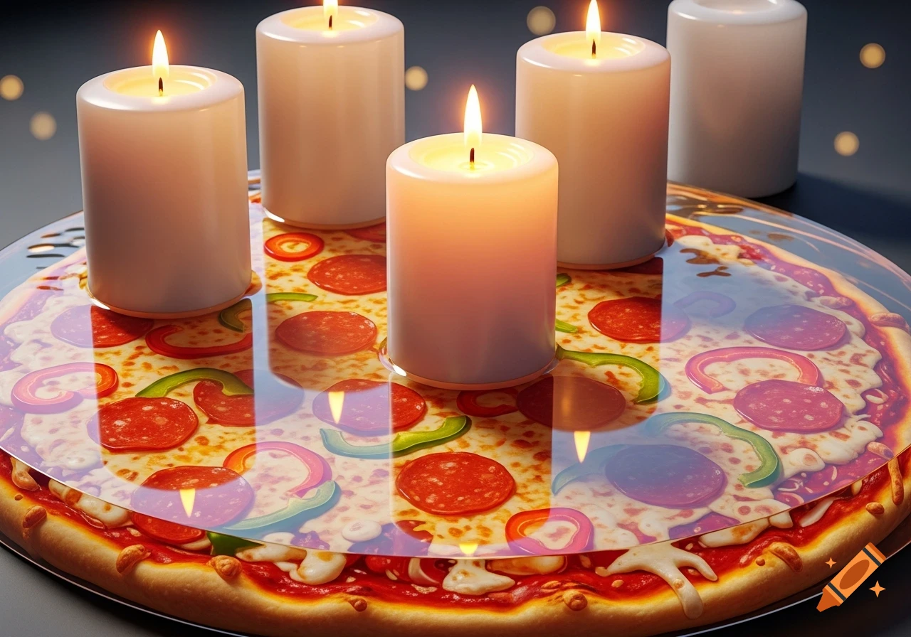 A close-up shot of a pepperoni and pepper pizza seemingly encased under a clear, glossy resin layer, topped with five lit and unlit white pillar candles casting reflections.