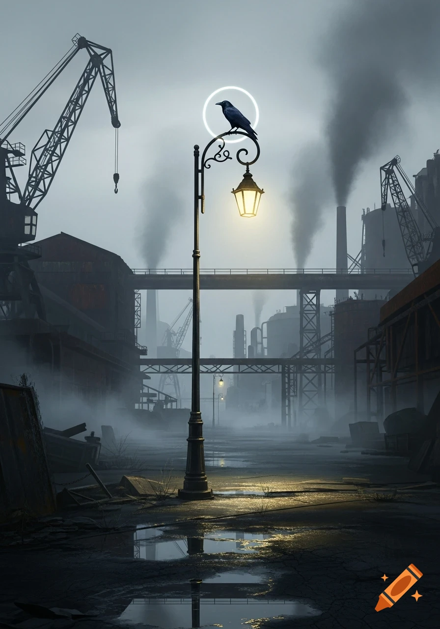 A moody industrial landscape with a crow perched on a glowing streetlamp amidst fog and factory smokestacks.