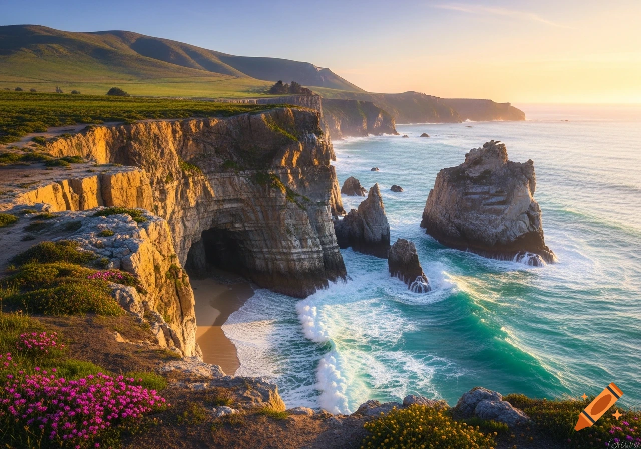 Photorealistic coastline with golden cliffs, a sea cave, turquoise waves, sea stacks, and green hills under a vibrant sunset sky.
