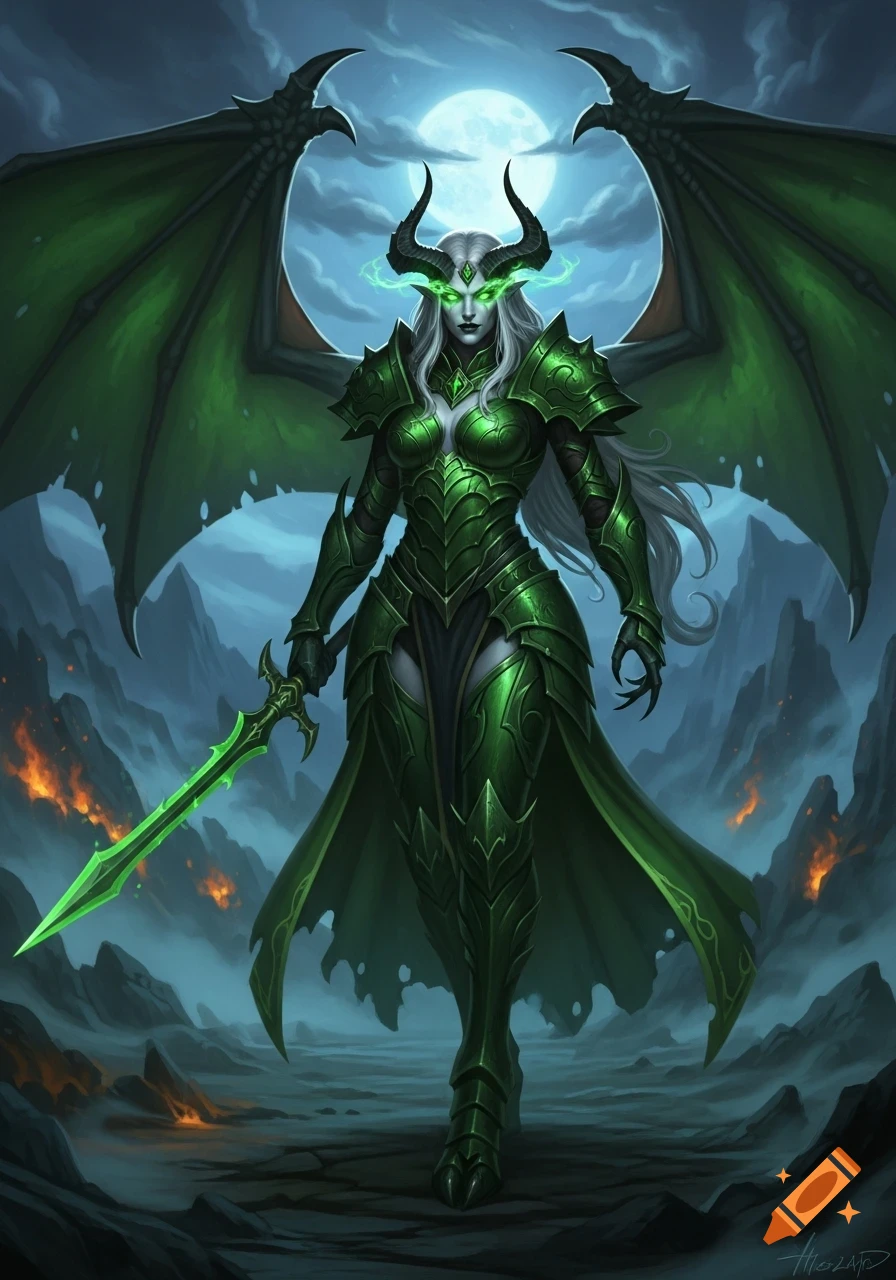A demonic female warrior in vibrant green armor with large wings and ...