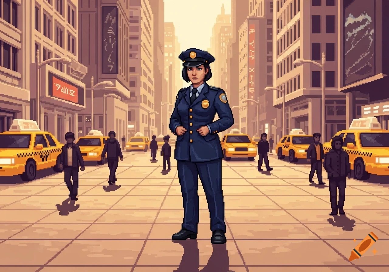 A pixel art woman police officer in a blue uniform stands in the middle of a city street with yellow taxis and pedestrians.