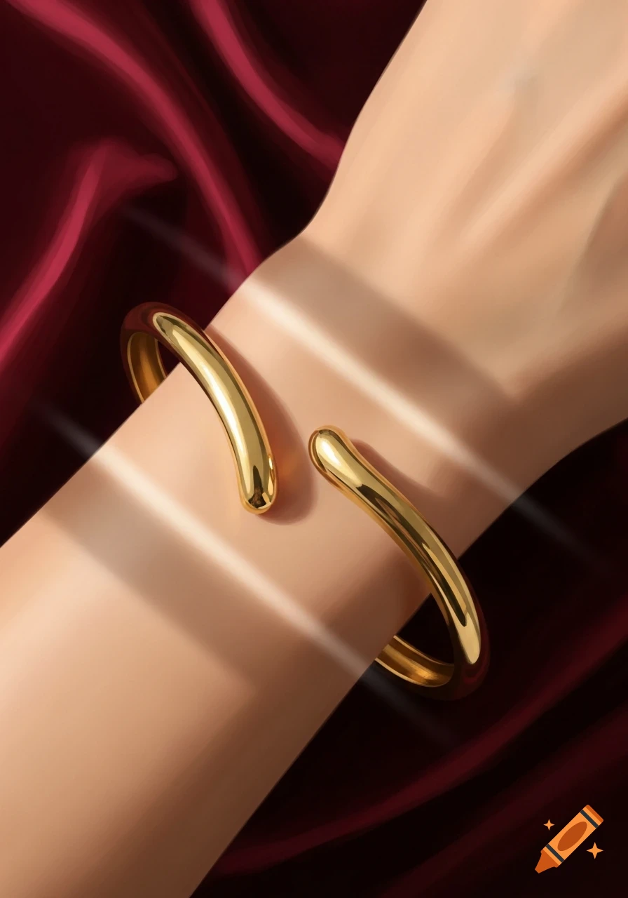 A golden bangle bracelet on a person's wrist against a deep red, draped fabric background, with light streaks across the skin.