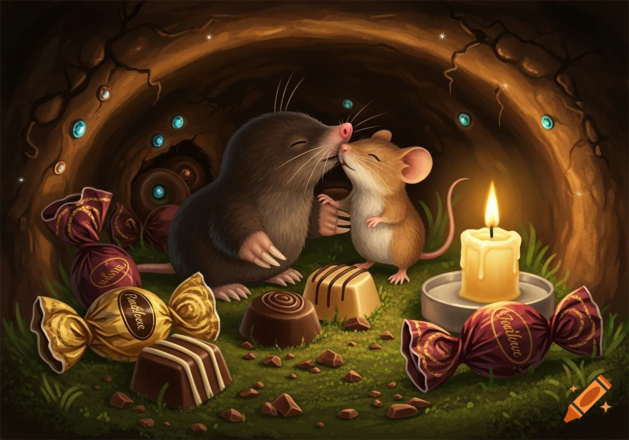 A cute mole kisses a small mouse in a cozy burrow filled with chocolates and a lit candle, in an illustrated style.