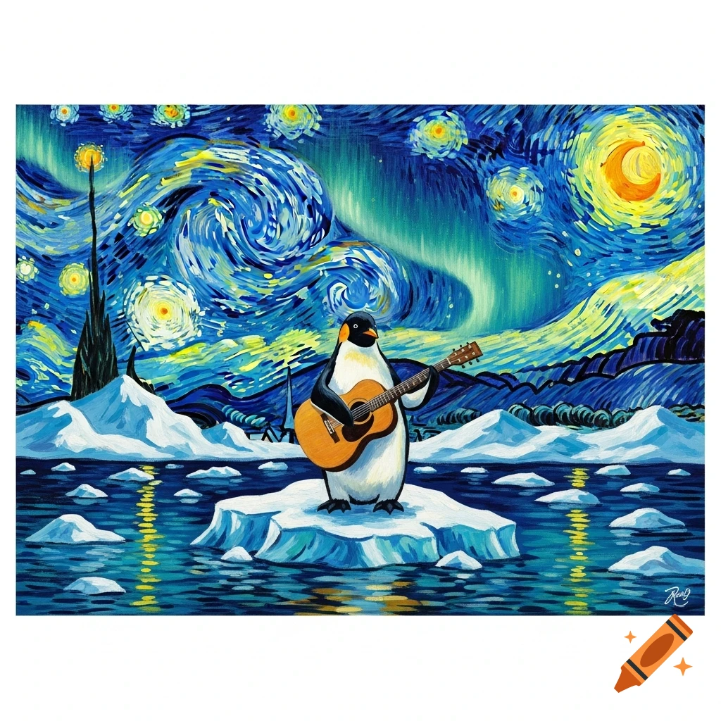 A penguin playing a guitar on an iceberg, depicted in Van Gogh's 'Starry Night' style with a swirling blue and green sky.