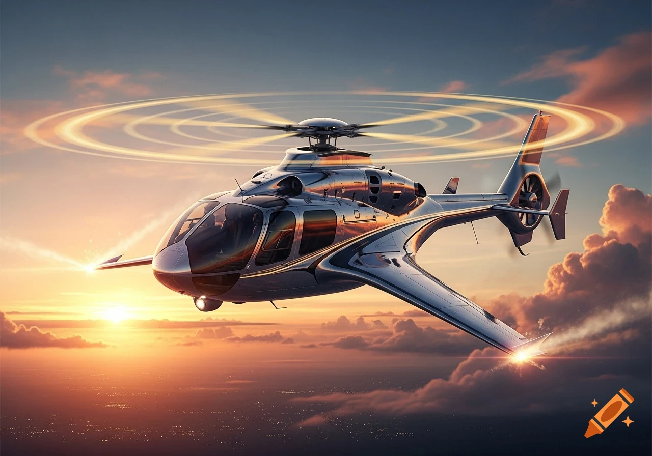 A sleek, futuristic silver helicopter flies over clouds at sunset, with glowing rotor blades and wingtip lights.