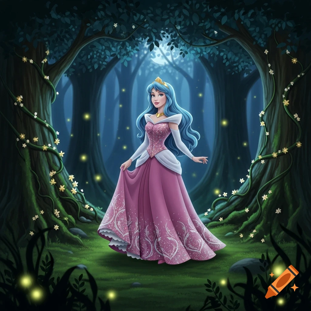Blue-haired princess in a pink Aurora dress stands in an enchanting, dark forest with glowing lights and flowering vines, illustration.