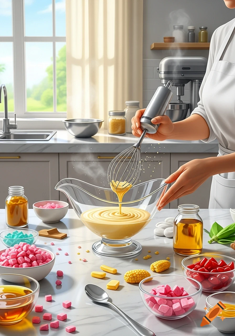 A person in an apron whisks yellow batter in a glass bowl on a kitchen counter surrounded by colorful candy and ingredients.