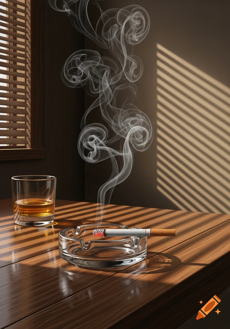 A lit cigarette in a glass ashtray beside a glass of whiskey on a wooden table, with light and shadow from blinds.