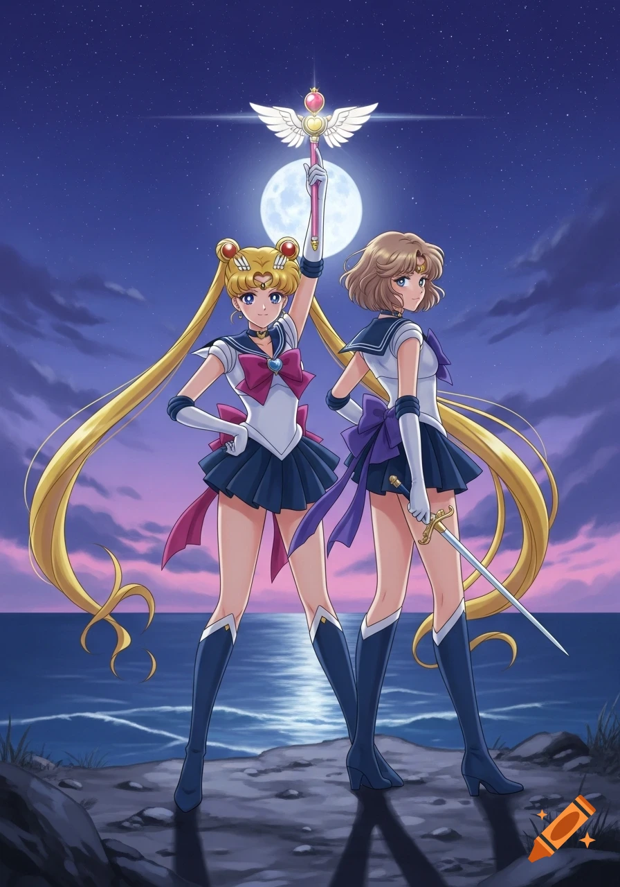 Anime illustration of Sailor Moon and Sailor Uranus on a rocky shore under a full moon. Sailor Moon holds a glowing staff, Uranus a sword.