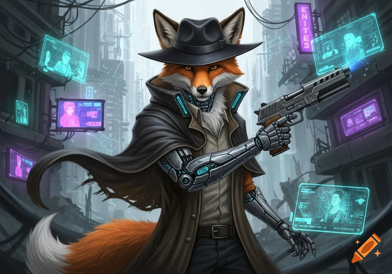 A cybernetic anthropomorphic fox in a fedora and duster holds a pistol in a dystopian cyberpunk city with holographic screens.