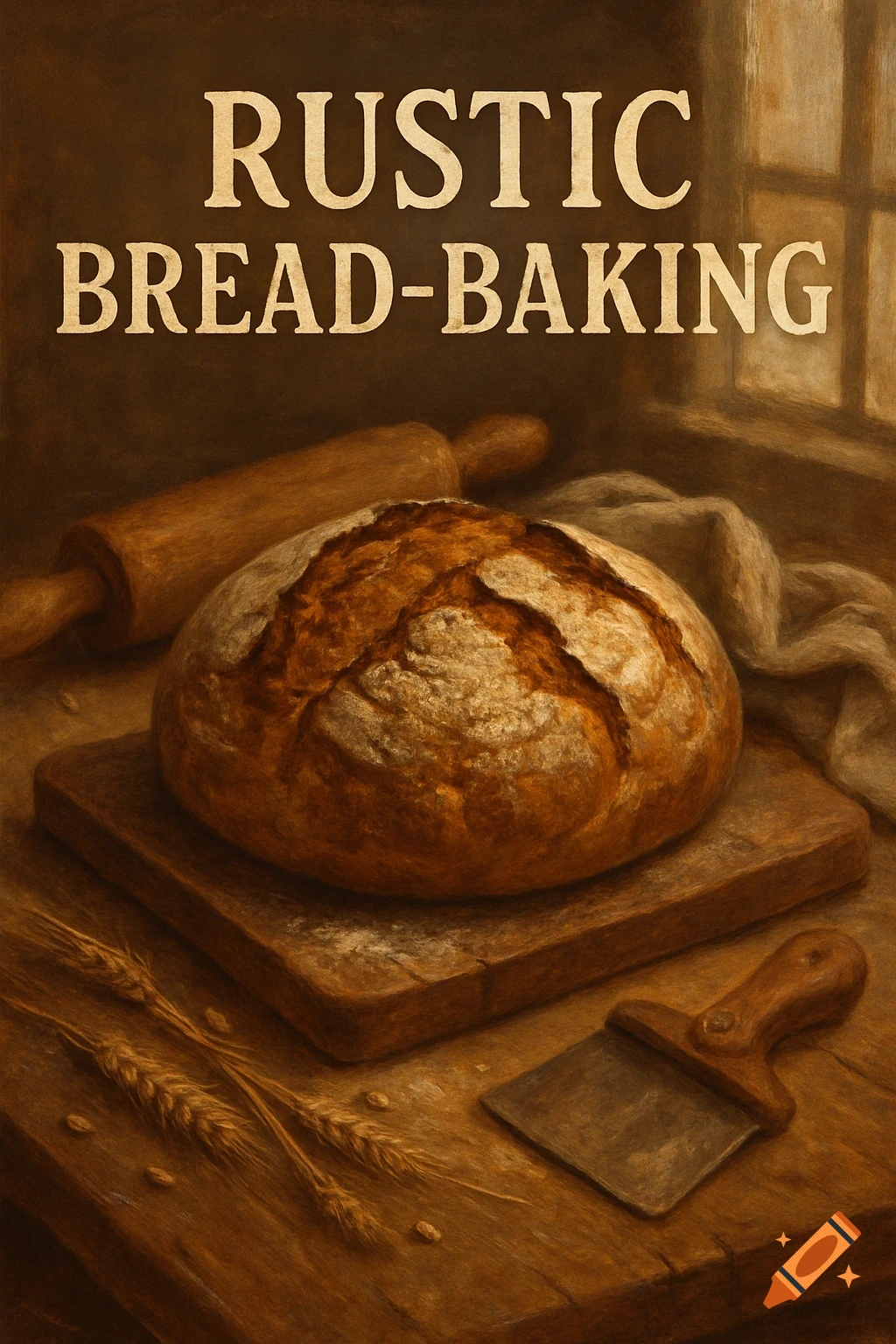 A rustic oil painting depicts a round loaf of bread on a cutting board, alongside a wooden rolling pin, wheat stalks, and a dough scraper. The title "RUSTIC BREAD-BAKING" appears above.