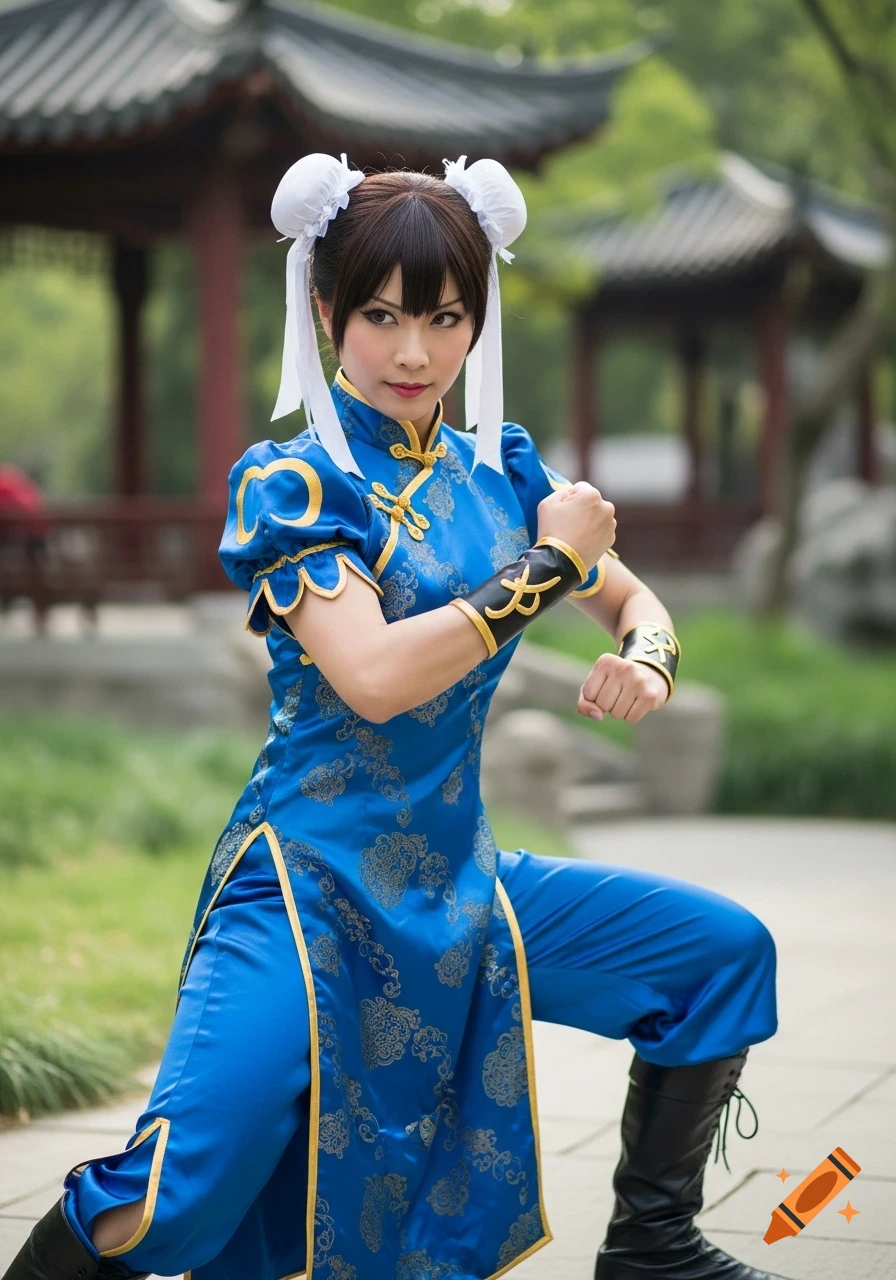 A woman dressed as Chun Li in a blue qipao and black boots, striking a martial arts pose outdoors near a traditional Chinese pavilion.