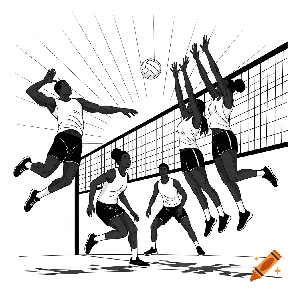 Black and white illustration of five Black volleyball players in action, with one spiking, two blocking, and two on the court.