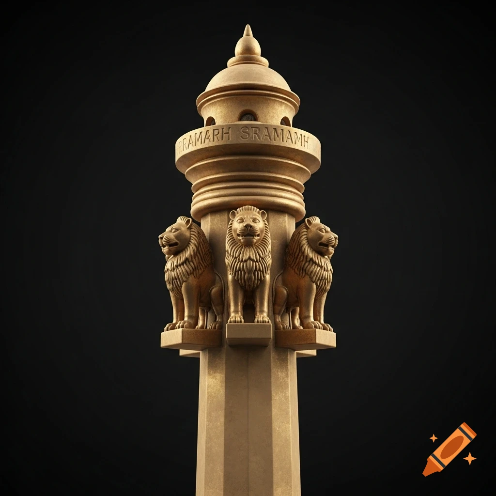 Close-up of a metallic golden Ashok Stambh featuring three seated lions, against a dark background.