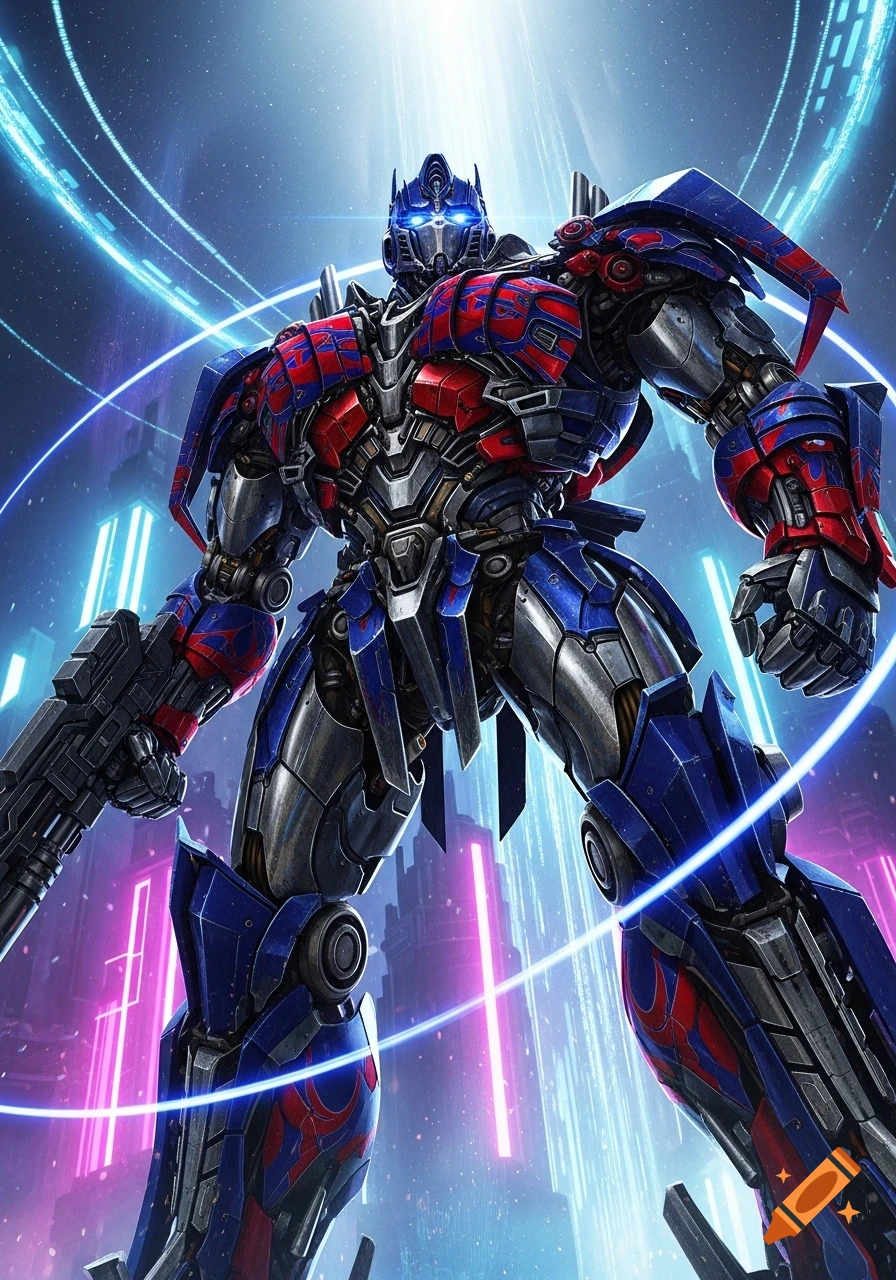 Detailed Sentinel Prime Transformer in red and blue armor with glowing eyes, standing in a futuristic city with neon lights.