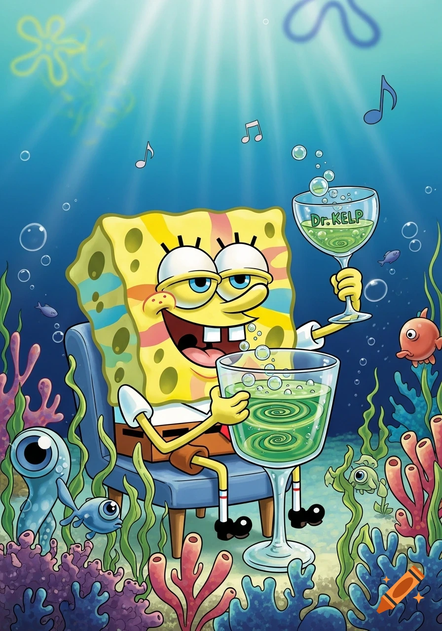 Spongebob Squarepants with a trippy expression holding two glasses of green liquid labeled 'Dr. KELP' in an underwater scene with coral.