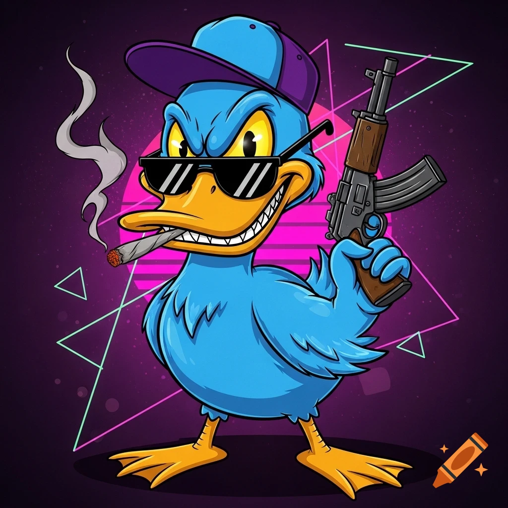A mean blue cartoon duck wearing a cap and sunglasses, smoking a cigar, and holding a rifle against a vaporwave background.