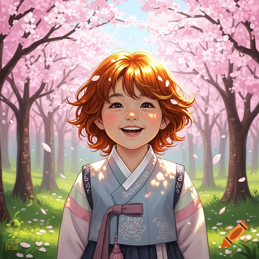 A smiling Korean child with ginger hair in a hanbok under pink cherry blossom trees. Digital art.