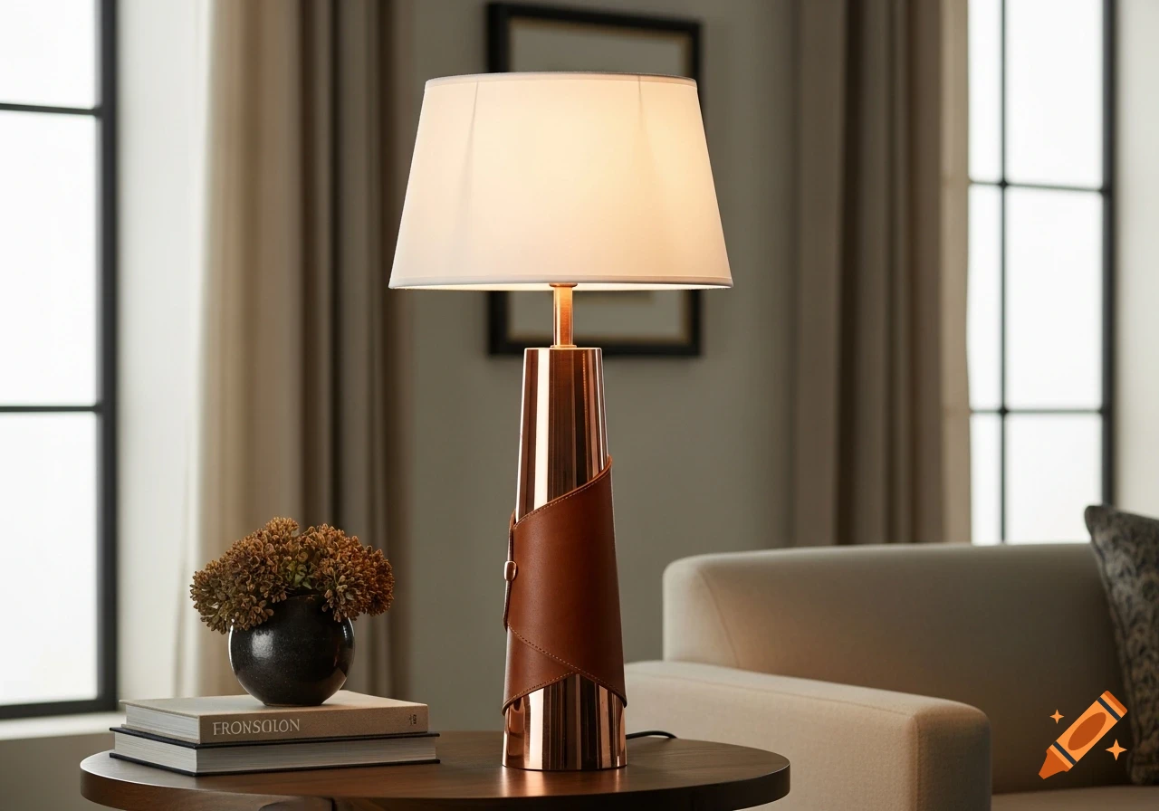 A modern copper and leather table lamp with a white shade sits on a wooden table next to books and a plant in a room.