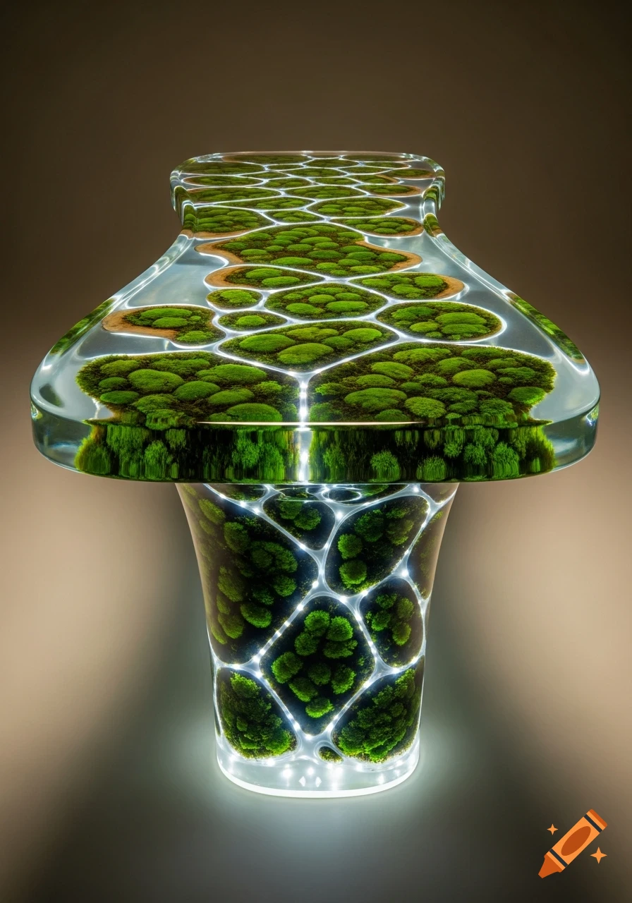 A glowing, clear resin object featuring vibrant green moss arranged in a hexagonal pattern, illuminated from within.