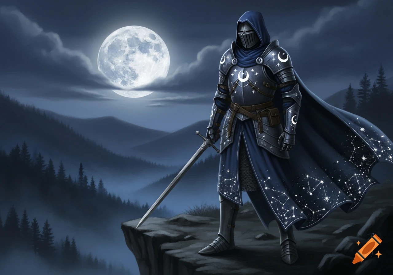 A hooded knight in blue armor adorned with moons and stars stands on a cliff under a bright full moon overlooking a misty forest.