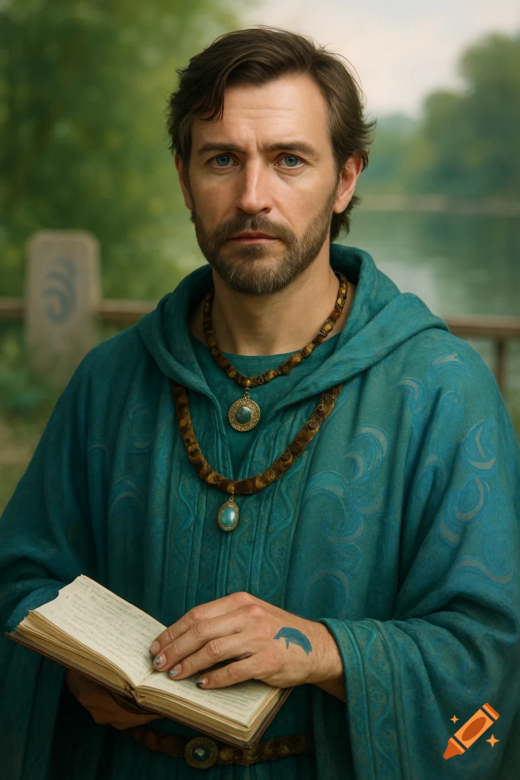 Photorealistic portrait of a bearded man in a teal hooded robe and ...