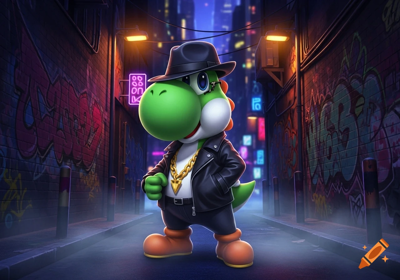 Yoshi, dressed as a gangster in a fedora, leather jacket, and gold chain, stands in a graffiti-covered urban alley at night.