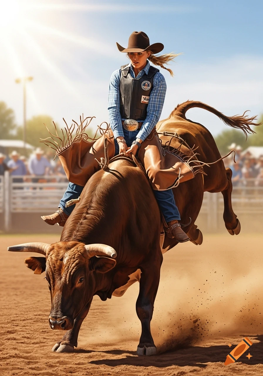 A determined cowgirl in a plaid shirt, chaps, and hat rides a bucking bull, kicking up dust in a sunlit rodeo arena.