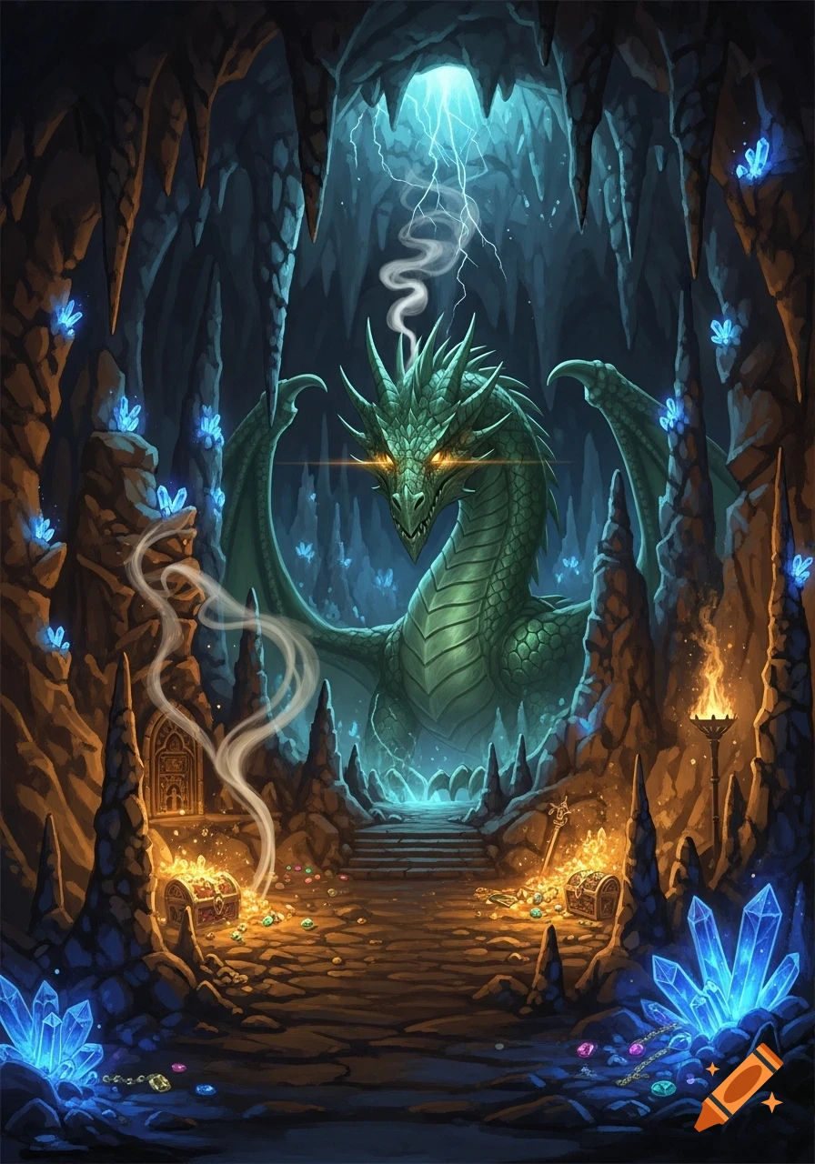A vibrant green dragon with glowing eyes guards glittering treasure inside a dark fantasy cave illuminated by blue crystals and lightning.