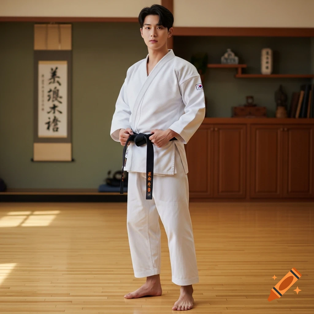 A young man in a white karate gi with a black belt poses in a traditional dojo with a scroll on the wall, looking at the camera.
