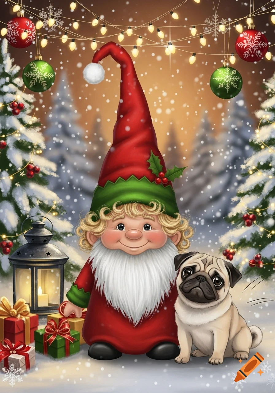 Cartoon illustration of a smiling gnome with a pug in a snowy Christmas setting with festive lights and gifts.