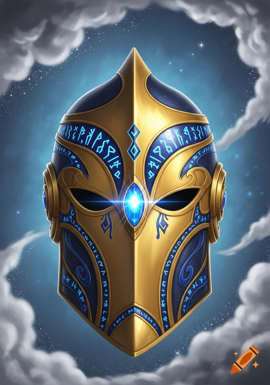 A golden and blue stylized Dr. Fate helmet with glowing blue runes and a central gem, set against a starry sky with clouds.