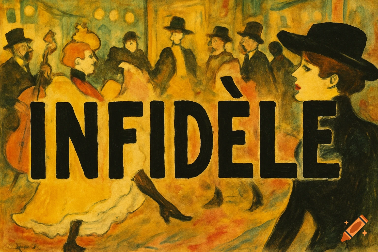 A painting in the style of Toulouse-Lautrec, featuring a woman in a black hat, men, and the large black word "INFIDÈLE" in the foreground.