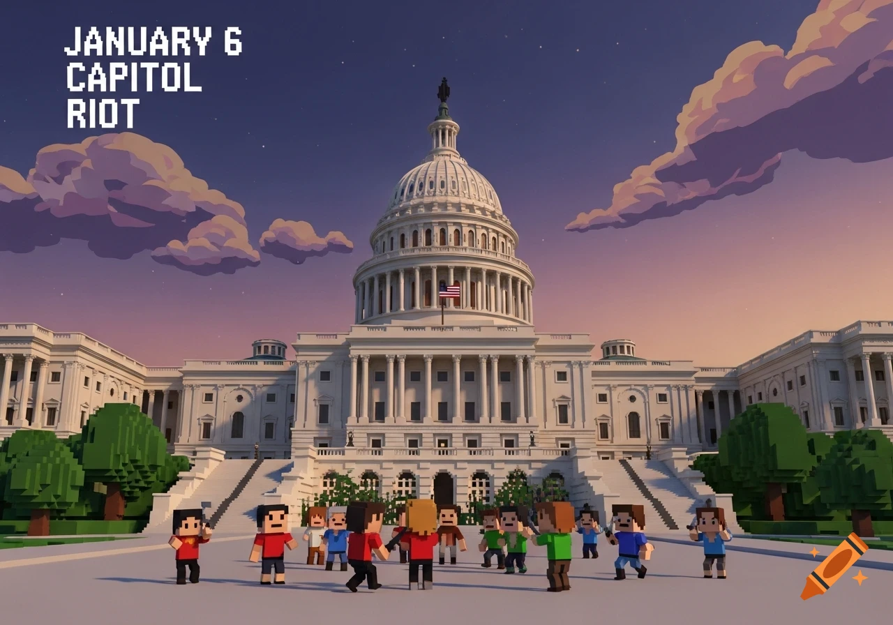 A voxel art style depiction of the US Capitol Building at dusk with blocky figures representing protesters on the lawn. Text reads "JANUARY 6 CAPITOL RIOT".