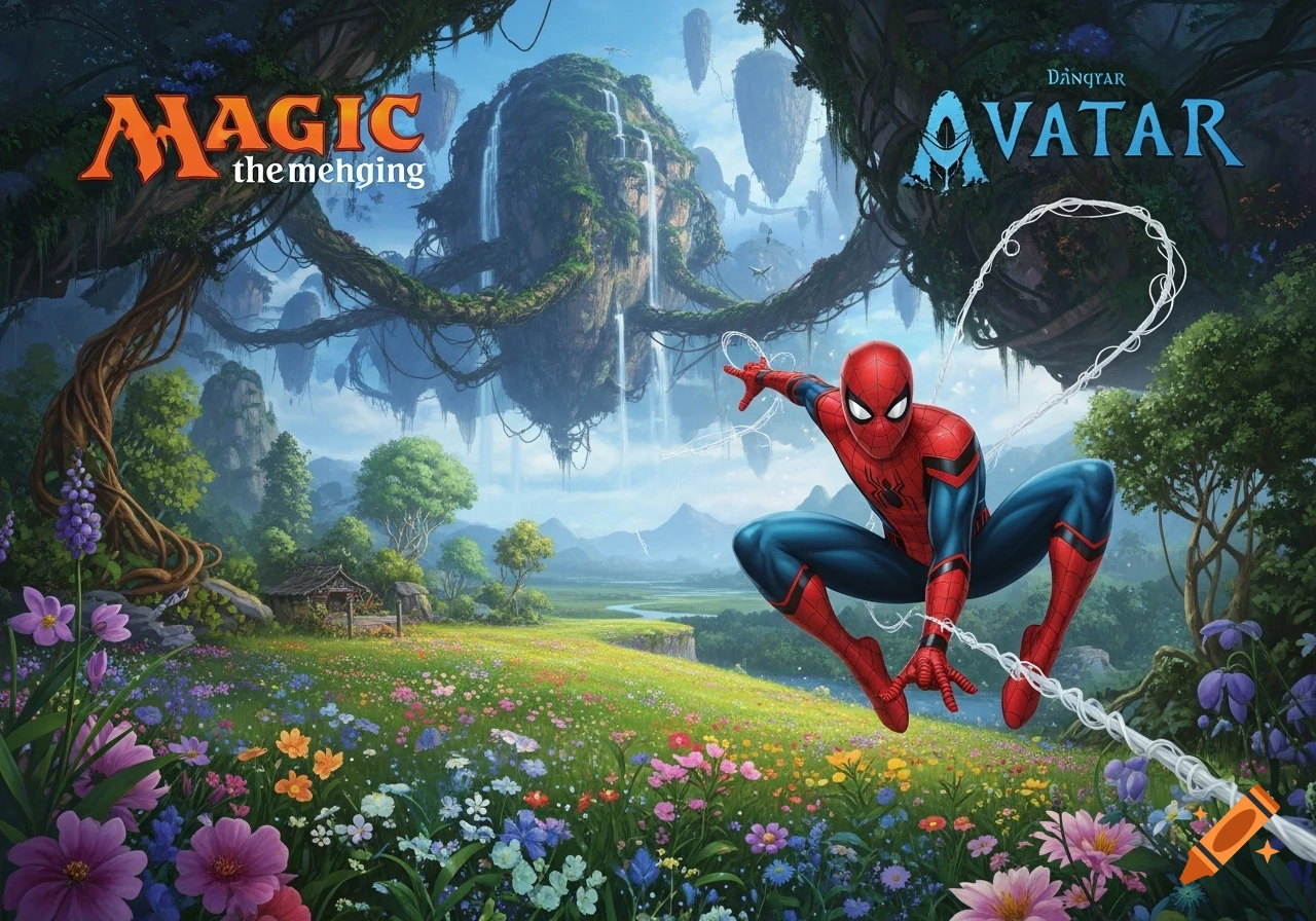 Spider-Man in a vibrant fantasy landscape with floating islands, waterfalls, and a field of colorful wildflowers, with 'Magic' and 'Avatar' logos.
