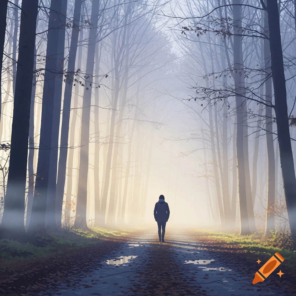 A solitary figure walks down a foggy path through a forest at dawn, with soft, muted light filtering through the trees.