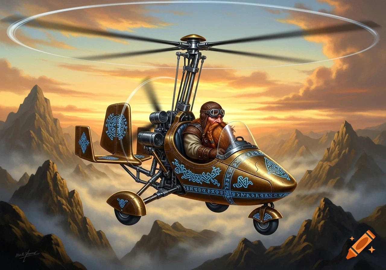 An oil painting of a bearded fantasy dwarf in a golden gyrocopter flying over misty mountains at sunset.