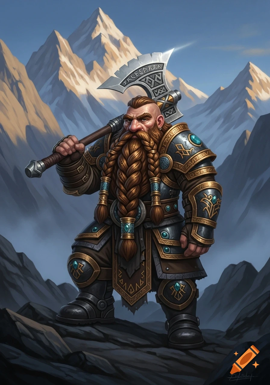 A heavily armored dwarf with a braided bronze beard holds a large axe ...