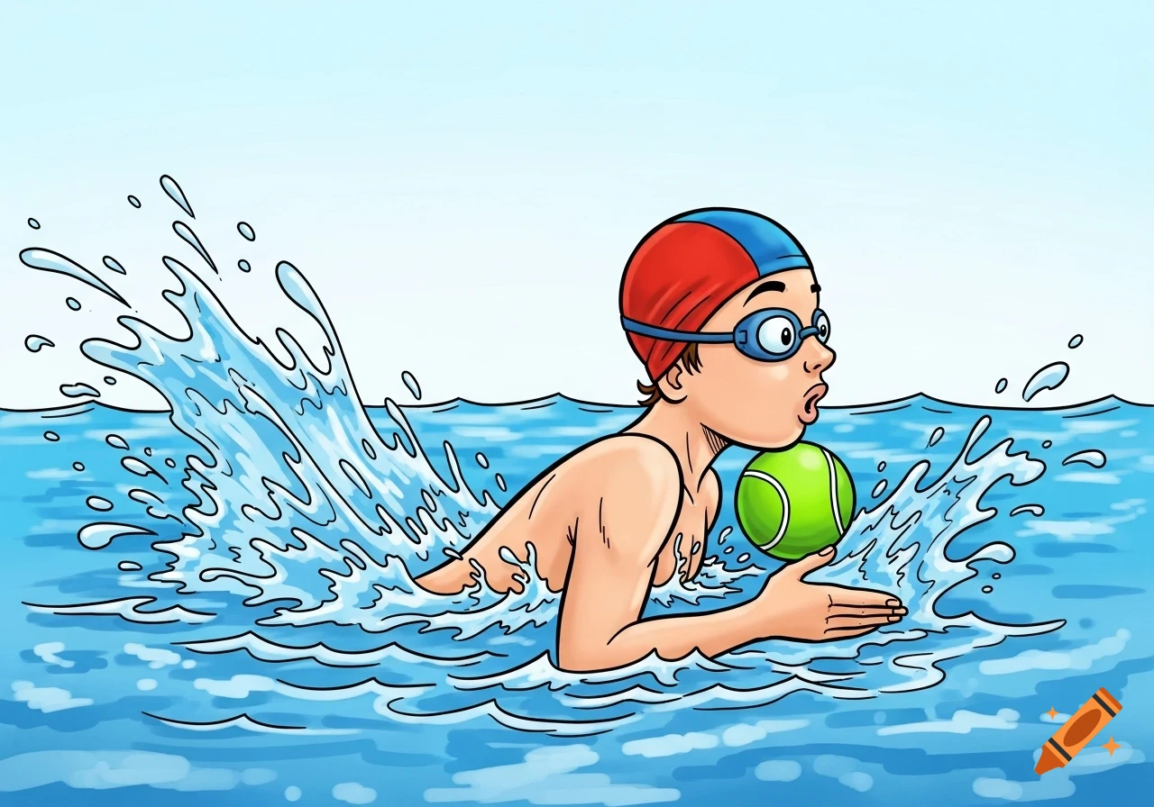 A cartoon swimmer in a red and blue cap and goggles holds a green tennis ball under their chin in the water.