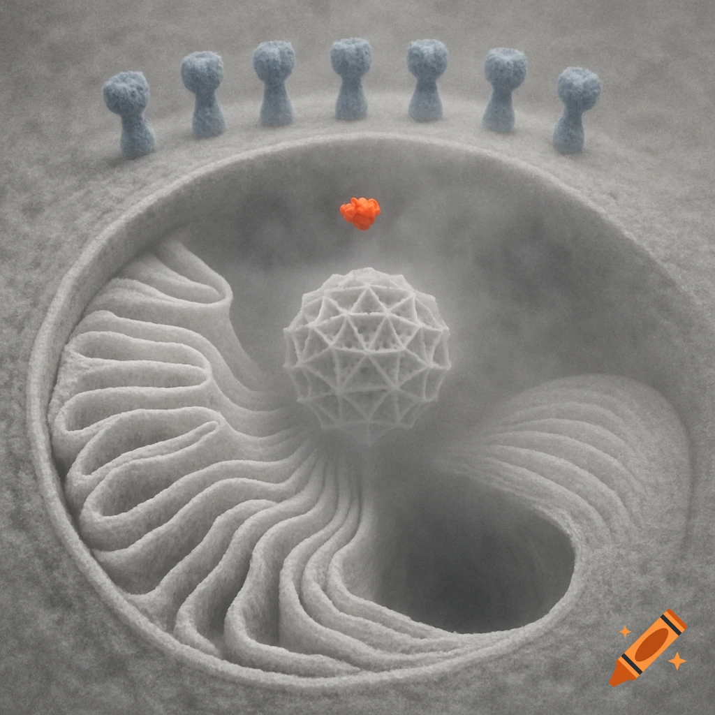 Stylized microscopic illustration of cellular structures: white folded membranes, a geometric white sphere, orange molecule, blue stalks.