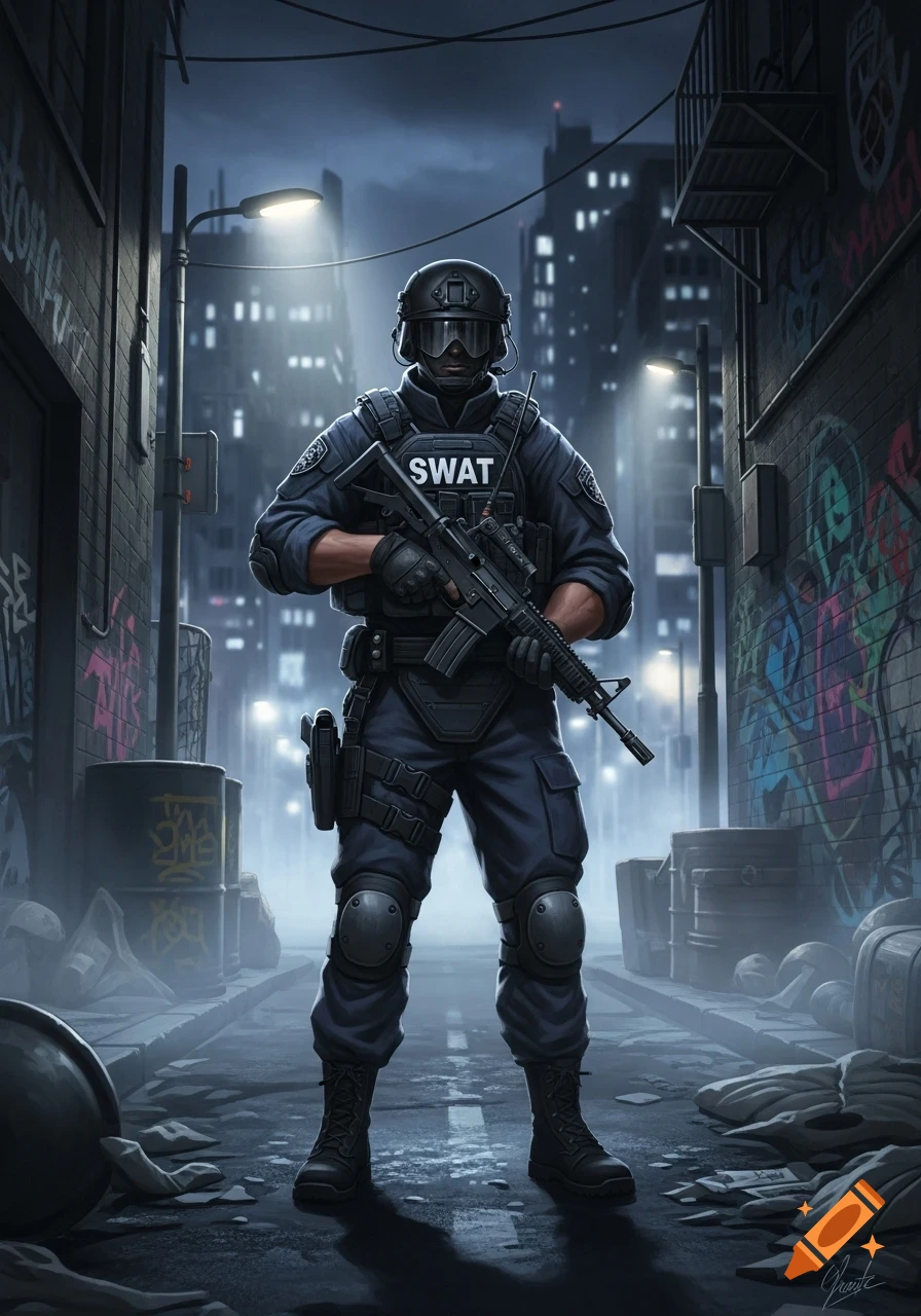 A stylized illustration of a heavily armed SWAT officer in dark ...