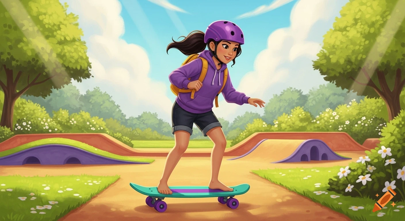 A cartoon girl with a purple helmet and yellow backpack skateboards barefoot in a colorful park with ramps and trees.