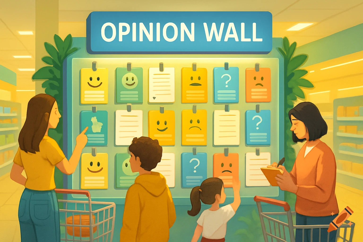 An illustration of a family in a supermarket looking at an 'Opinion Wall' with various feedback notes.