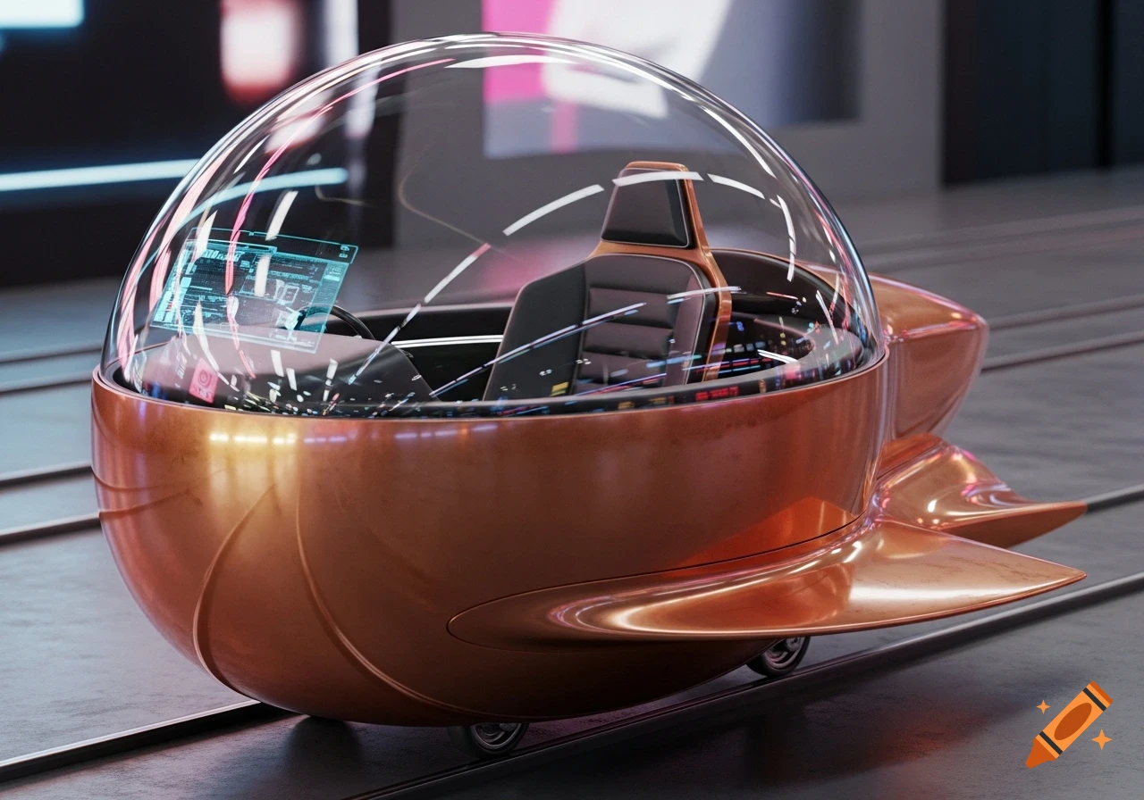 A bronze and glass futuristic bubble vehicle with a single seat and holographic display on metallic tracks.