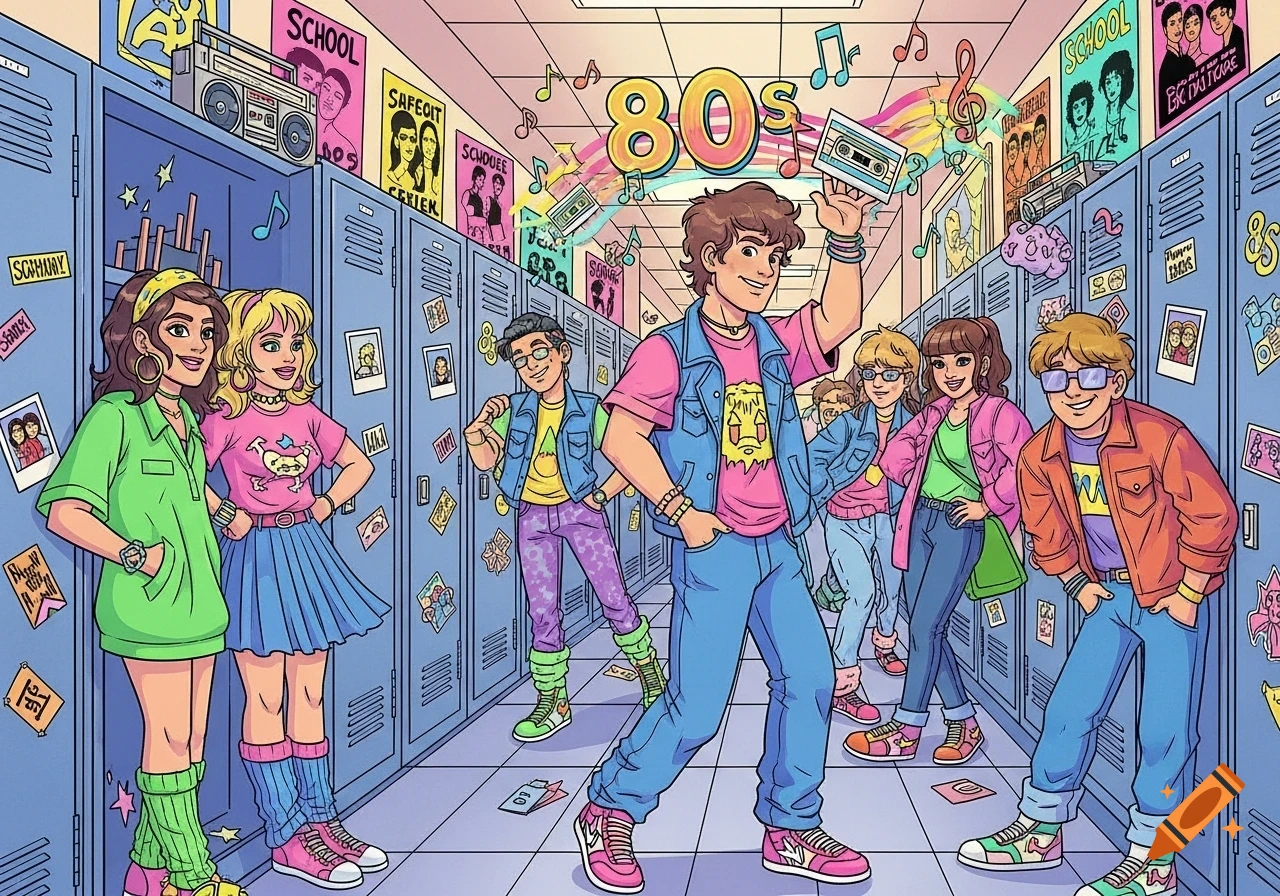 A colorful cartoon depicting students in a high school hallway, dressed in vibrant 80s fashion with a large "80S" text. They pose amidst lockers adorned with posters.
