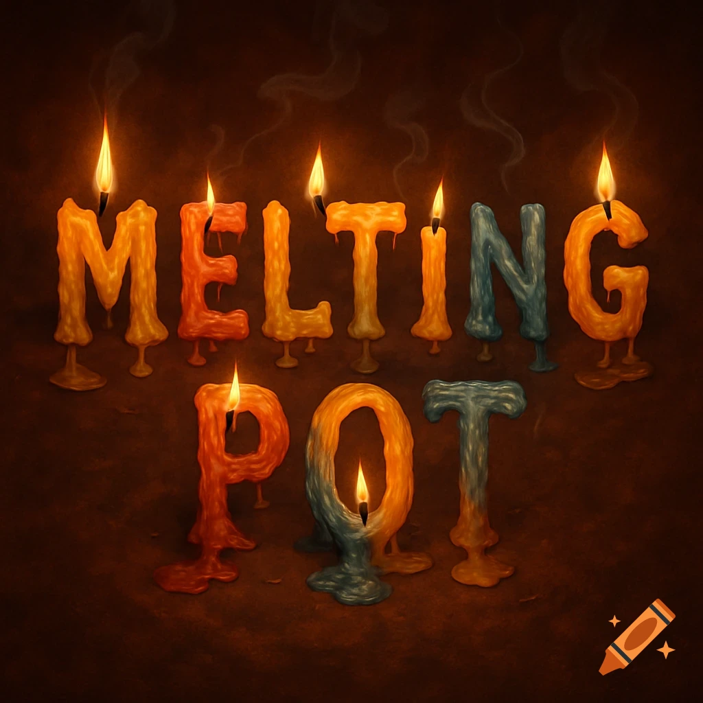 The words 'MELTING POT' spelled out in vibrant, melting candle letters with flickering flames and wisps of smoke.