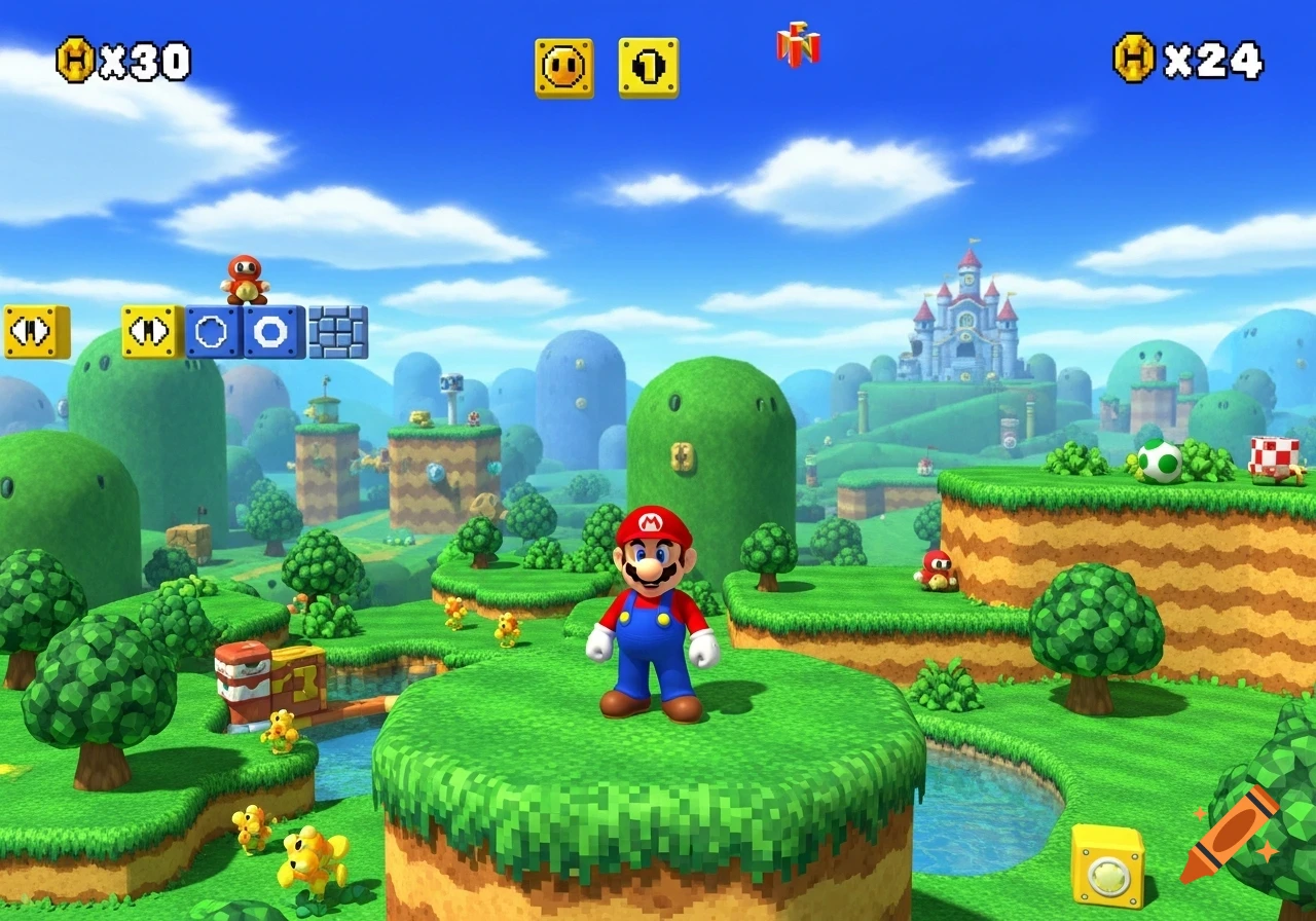 Mario stands on a green platform in a vibrant, cartoonish Super Mario Bros. level with blocks, coins, enemies, and a castle.