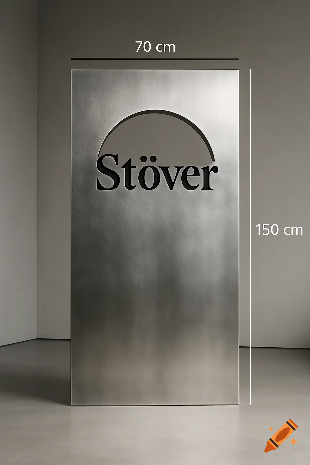 Vertical stainless steel plate, 70cm by 150cm, with a 'Stöver' cutout.