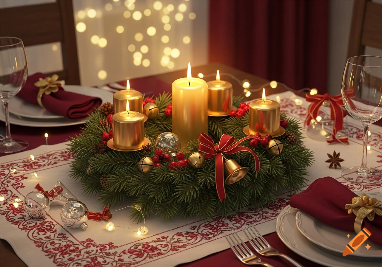 A festive Christmas table setting with an Advent wreath, five burning candles, red berries, gold bells, and string lights.